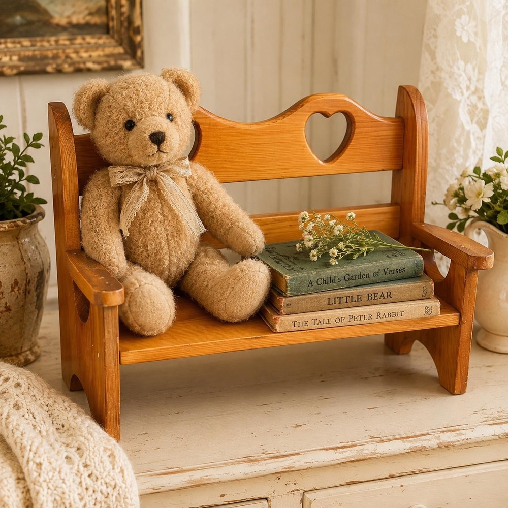 Vtg Pine Children's Doll Bench with Heart Cutouts Rustic Country Shelf Decor